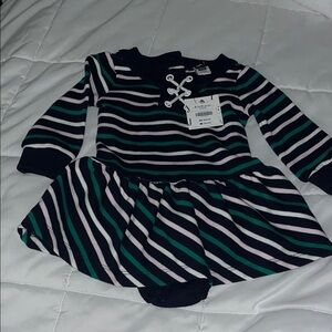 NWT- Janie and Jack Striped Navy, Green & White Baby Dress w/Bloomers 6-12 month